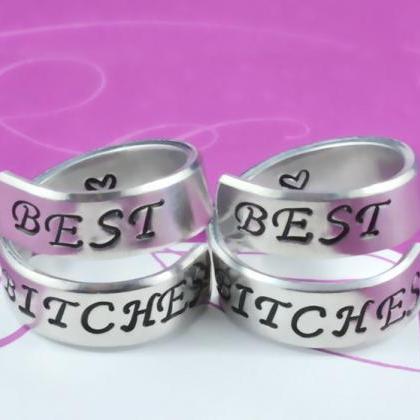 Bitches - Spiral Rings Set, Hand Stamped, Shiny..