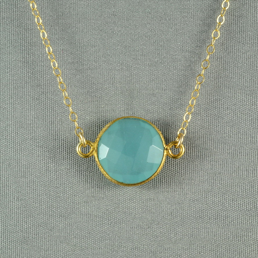 Aqua Blue Chalcedony Necklace, 24k Gold Vermeil Bezel, 14k Gold Filled Chain, Beautiful Jewelry
