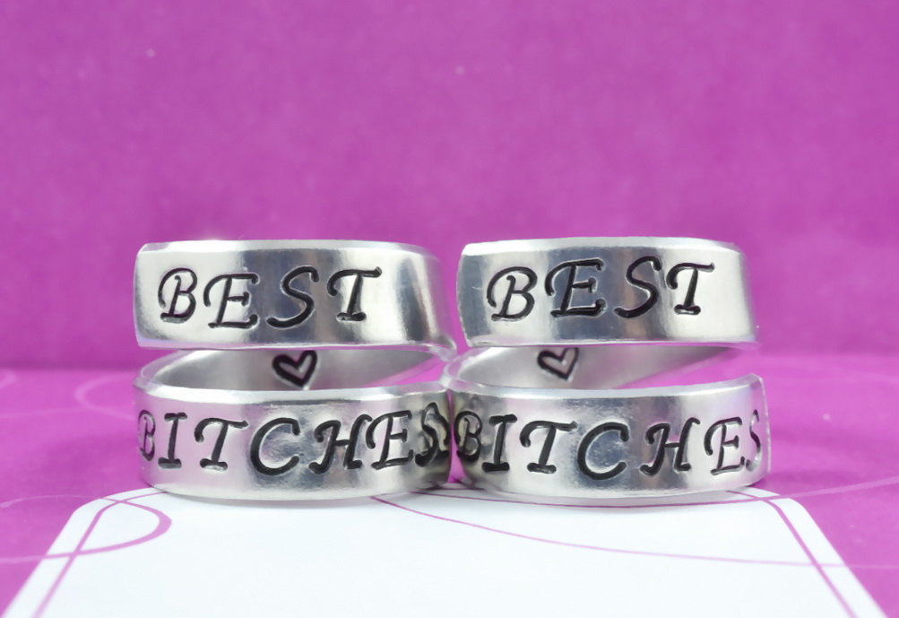 Bitches - Spiral Rings Set, Hand Stamped, Shiny Aluminum, Friendship, Bff Gift, Uppercase Script Font