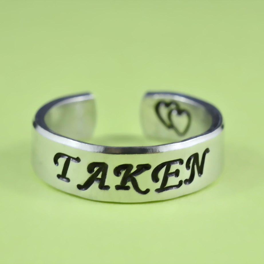 Taken- Hand Stamped Aluminum Ring, Taken Ring With Double Heart, Statement Ring, Unisex Love Ring, Personalized Cuff Style Ring